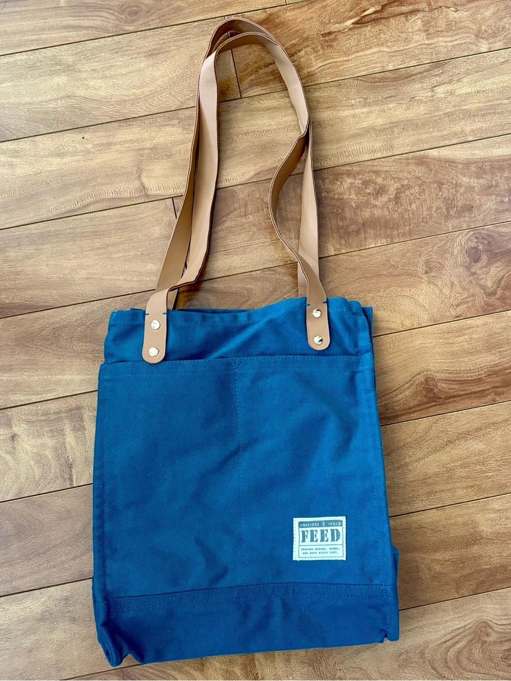 FEED Blue Canvas Messenger Tote with Tan Straps